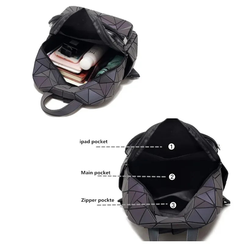 Leuchtender geometrischer Rucksack für Damen – holografische PVC-Schultasche für Teenager und Reisen