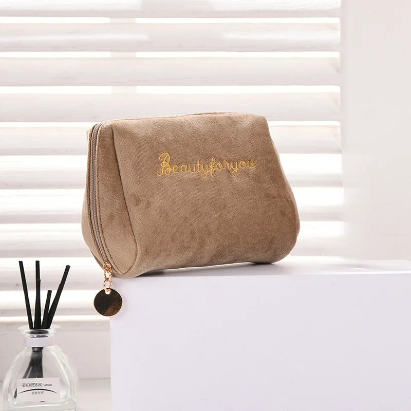 Velvet Women Cosmetic Bag Travel Zipper Large for Makeup Solid Color