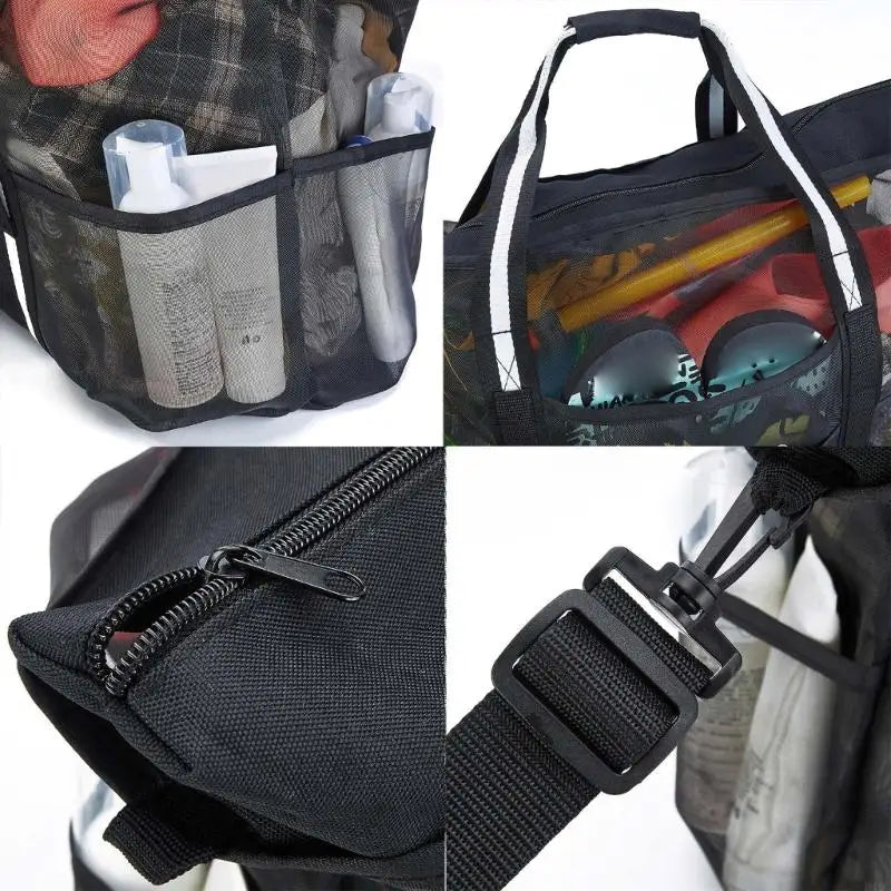 Extragroße Netz-Strandtasche D46C – Leichte Nylon-Tragetasche mit Reißverschluss und Taschen für Reise-, Pool- und Sommerausrüstung