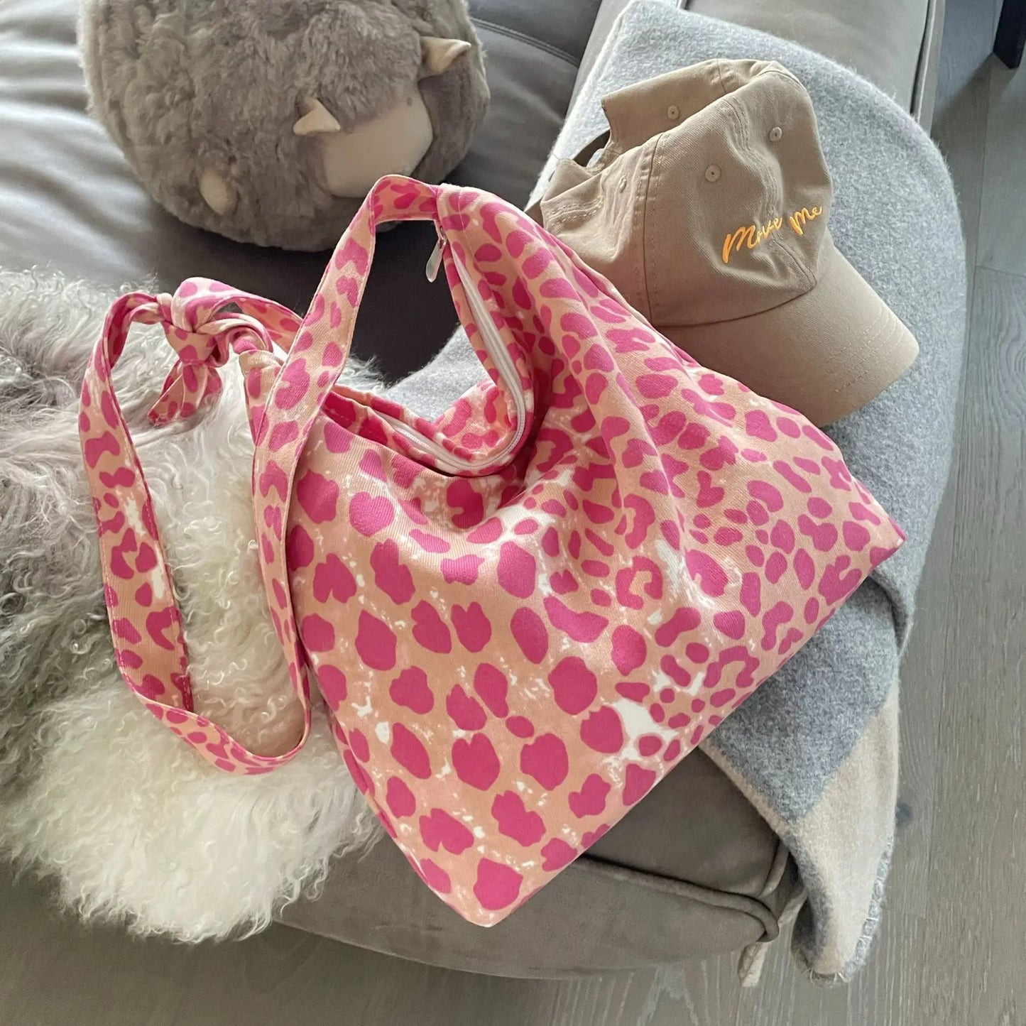 2025 Corduroy Leopard Crossbody Bag – Verstellbare Single-Shoulder-Tasche in Himbeerrosa für Damen