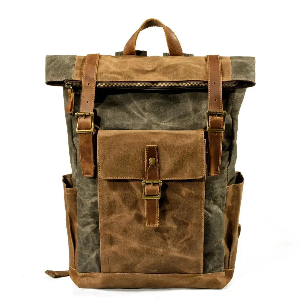 Luxury Vintage Canvas Backpack for Men – Oil Wax Leather Travel Rucksack, Large Waterproof Retro Daypack