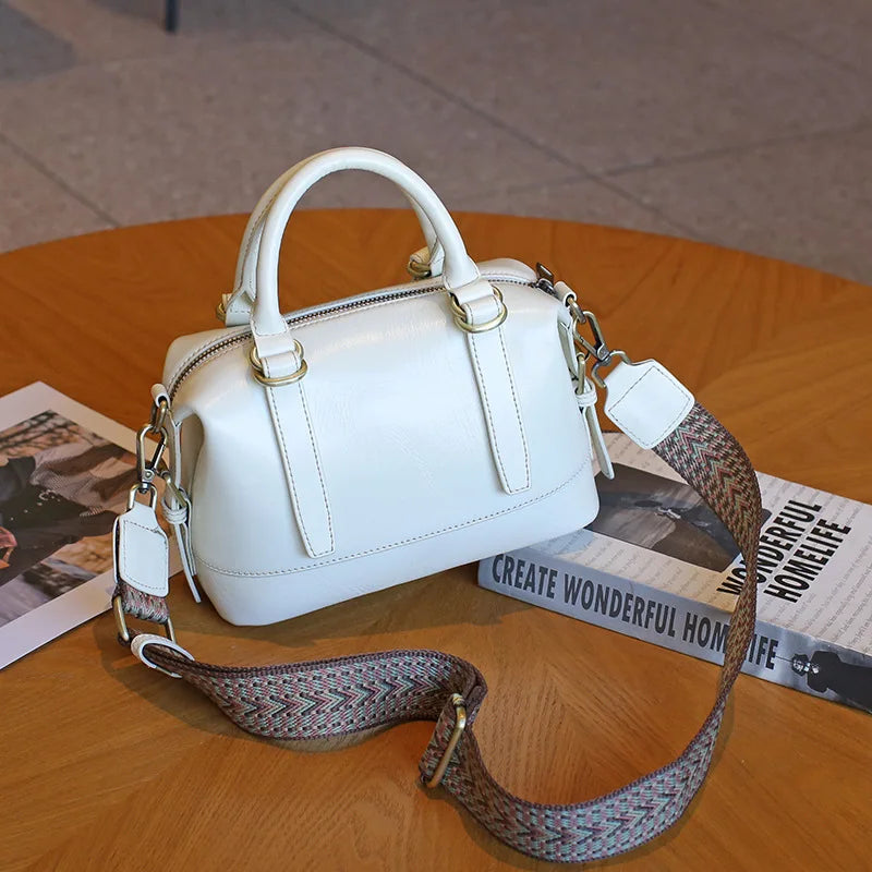 Vintage Luxury Cowhide Leather Women's Shoulder Bag Designer Boston