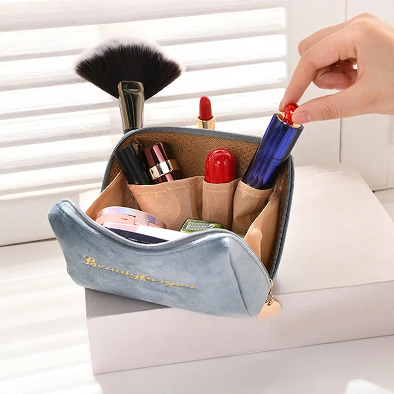 Velvet Women Cosmetic Bag Travel Zipper Large for Makeup Solid Color