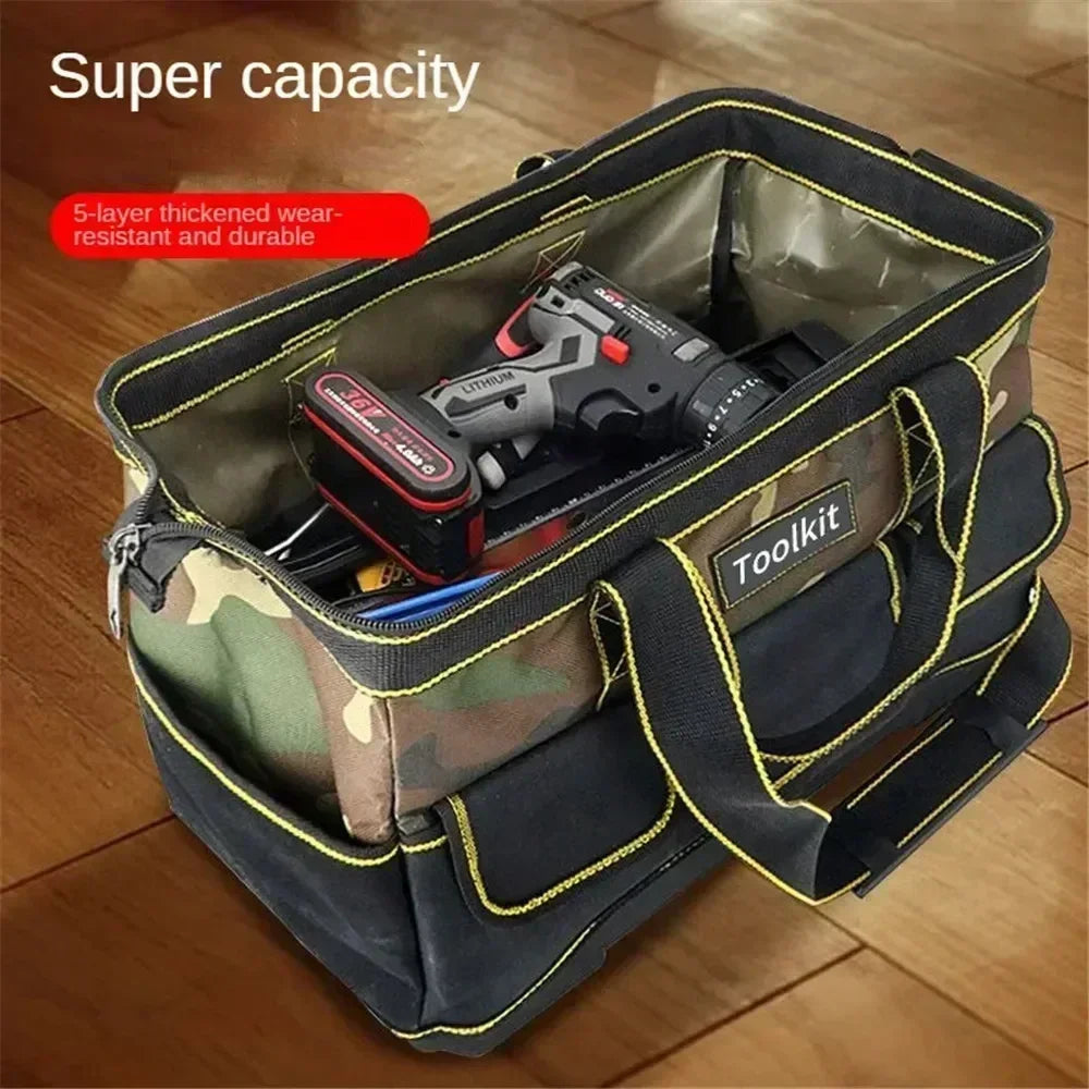 Werkzeugtasche für Elektriker in Camouflage – Wasserdichter, harter Boden, Werkzeug-Organizer mit mehreren Taschen und Schultergurt