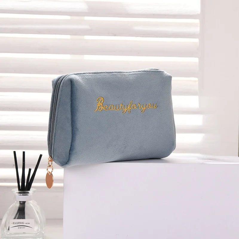 Velvet Women Cosmetic Bag Travel Zipper Large for Makeup Solid Color