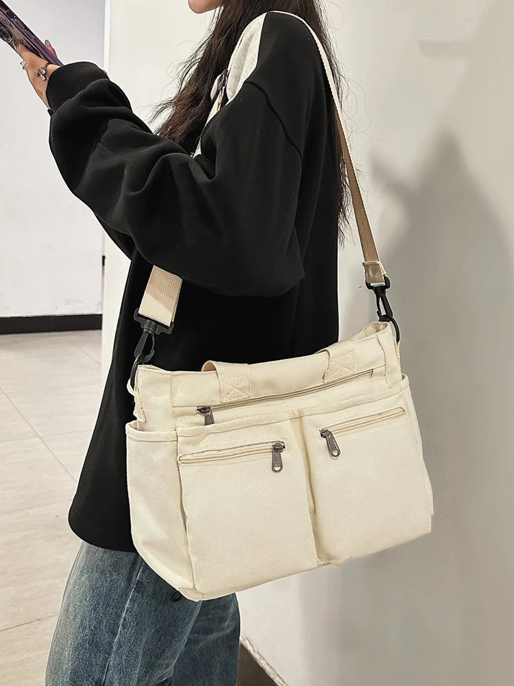Lehrertasche aus Segeltuch für Damen – Große Schultertasche mit Reißverschluss und Innenfächern, lässiges Farbblock-Design