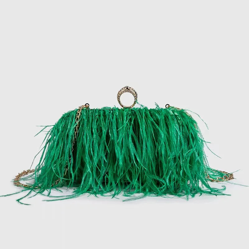 Multicolored Ostrich Feather Evening Clutch Purse with Knuckle Ring
