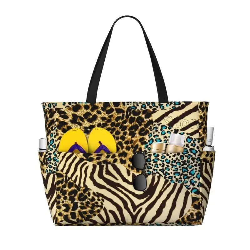 Große Tragetasche mit Leopardenmuster – Wasserdichte Strandtasche mit Taschen
