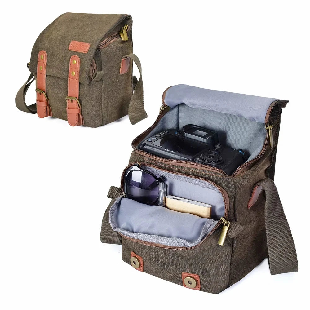 Cwatcun Wasserfeste Canvas-Kamera-Schultertasche – Stoßfeste Tasche für Canon, Nikon, Sony und Objektive