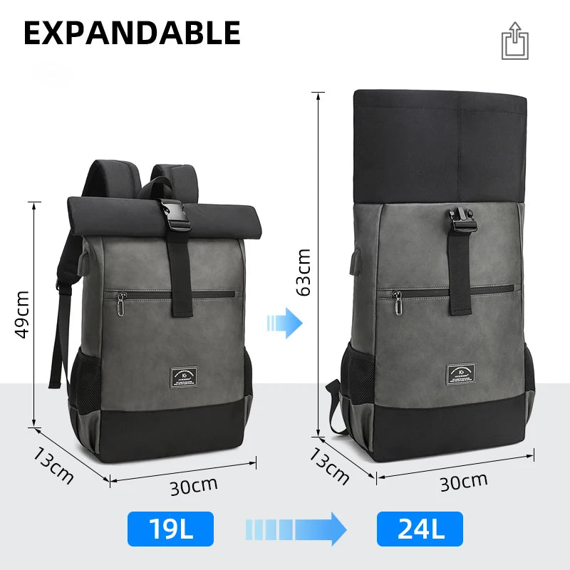 Luxury Waterproof PU Leather Backpack Lightweight Roll Top Rucksack