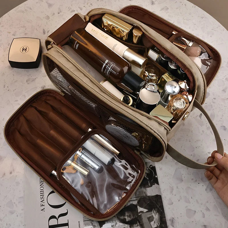 Schminktasche aus PU-Leder für Damen – Reise-Organizer mit großem Fassungsvermögen, Doppelreißverschluss und Pinselaufbewahrung