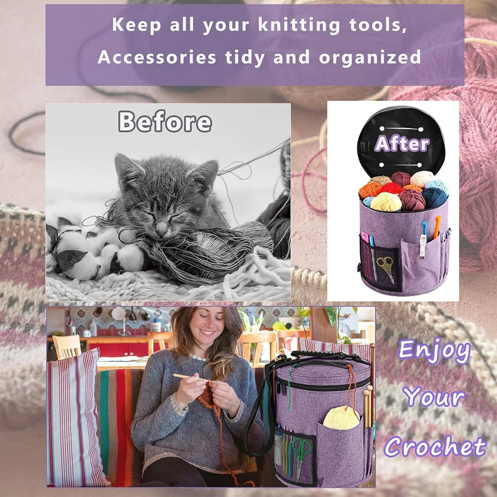 Knitting Tool Storage Bag – Large Capacity Crochet Yarn Organizer Tote with Needles & Hooks Pocket, Portable Craft Project Bag