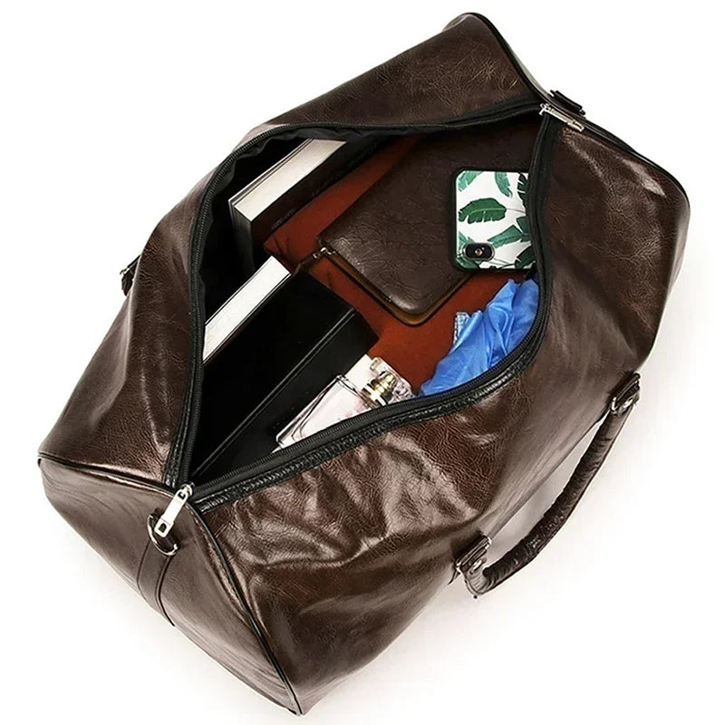 Men's Large PU Leather Travel Duffle Bag – Black Fashion Gym, Luggage & Shoulder Weekender with Zipper