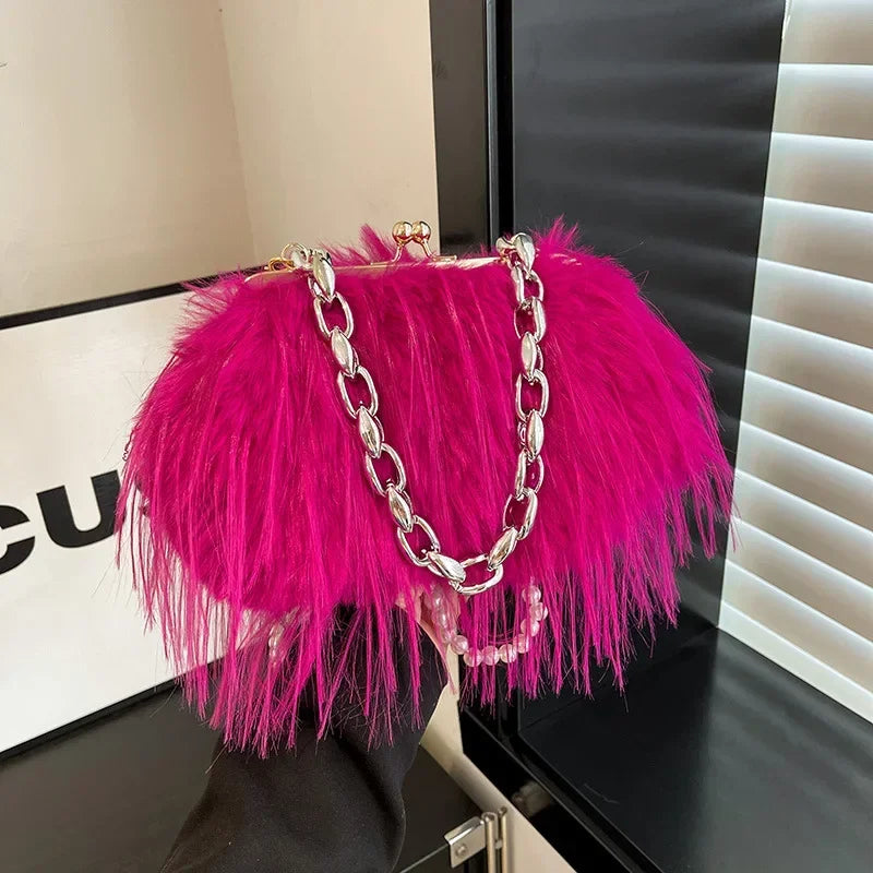 Damenhandtasche aus Plüschfedern – Umhängetasche aus imitierten Truthahnfedern mit Perlenkette, vielseitig für Partys und den Alltag
