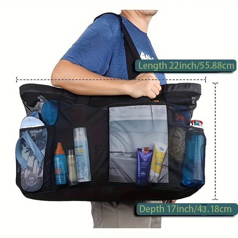 Extra große Strandtasche – leicht, faltbar und wasserdicht mit Netzriemen, Reißverschlusstaschen und sicheren Schultergriffen