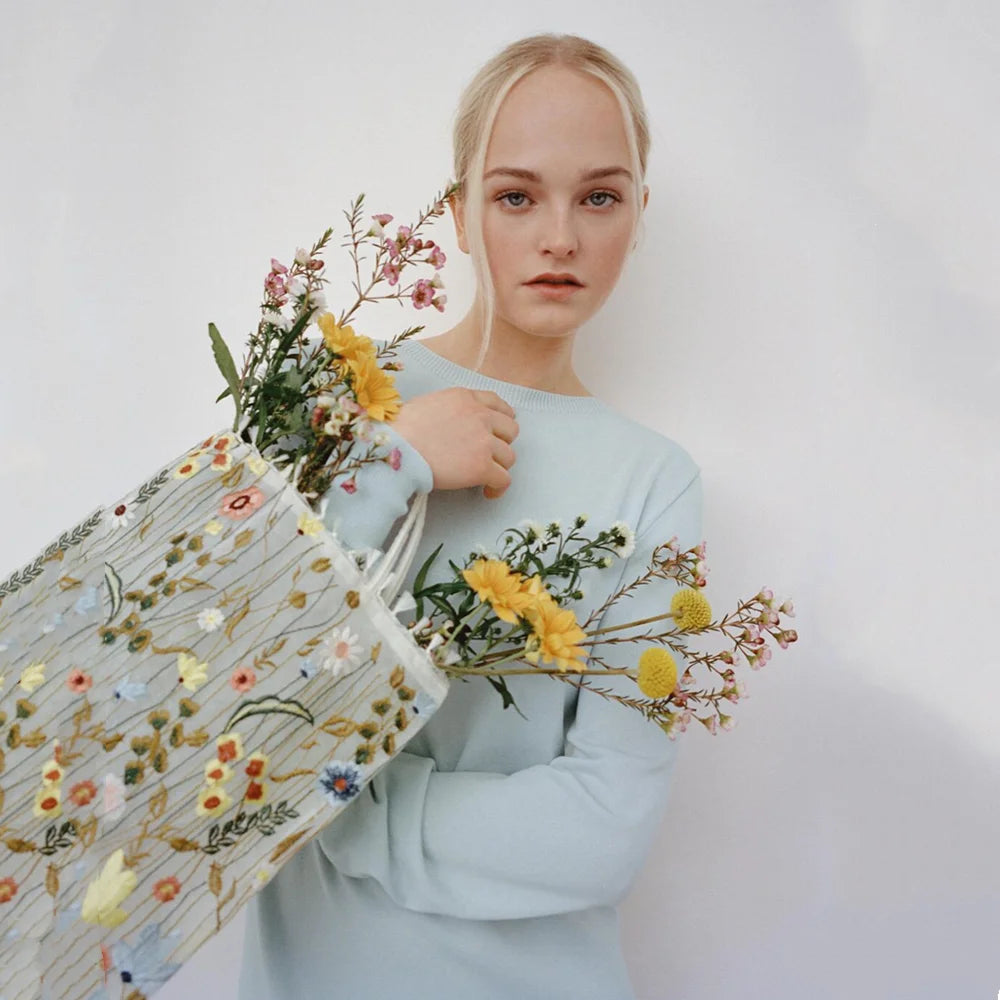 Tote Bag mit bestickter Netzblume – Transparente Sommer-Umhängetasche für Damen