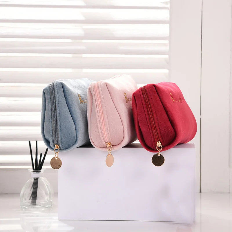 Velvet Women Cosmetic Bag Travel Zipper Large for Makeup Solid Color
