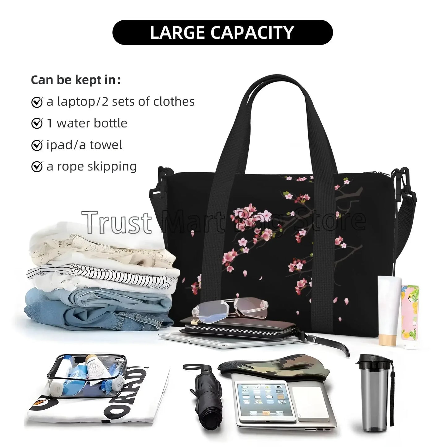 Sakura Cherry Blossom Weekender Bag – Schwarze wasserdichte Reisetasche für Damen und UnisexSakura Cherry Blossom Weekender Bag – Schwarze wasserdichte Reisetasche für Damen und Unisex