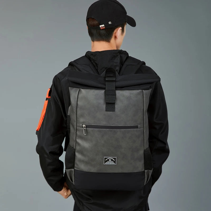 Luxury Waterproof PU Leather Backpack Lightweight Roll Top Rucksack