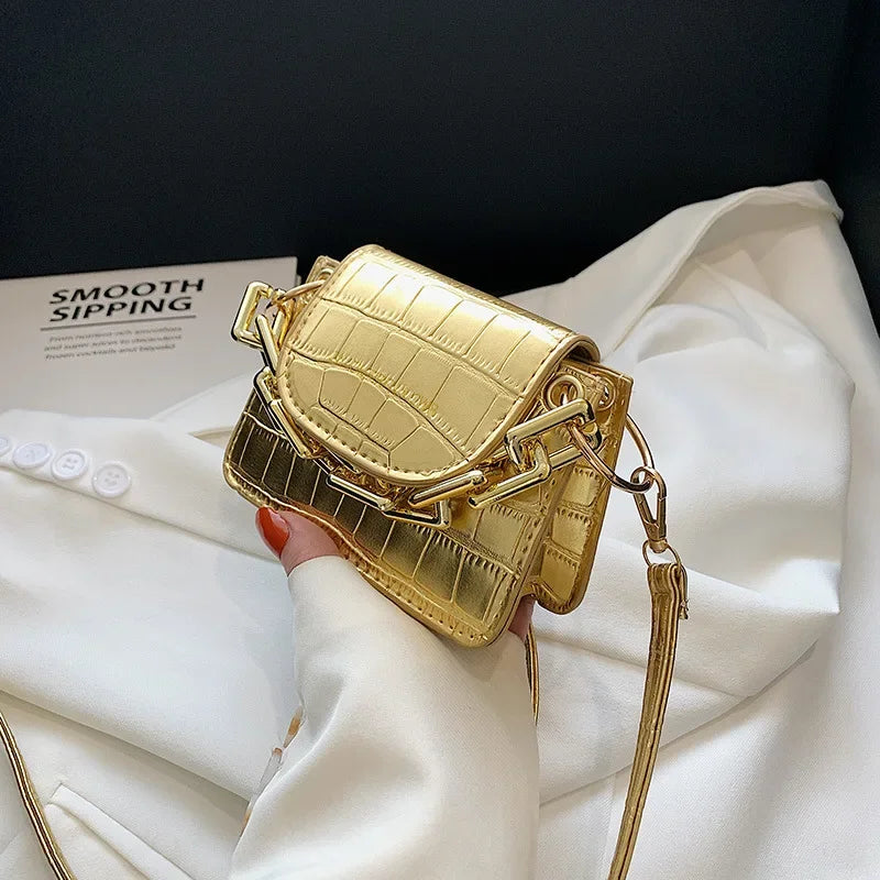 Mini-Umhängetasche aus PU-Leder für Damen – Stilvolle Gold-/Silber-Hardware, kompakte Modehandtasche