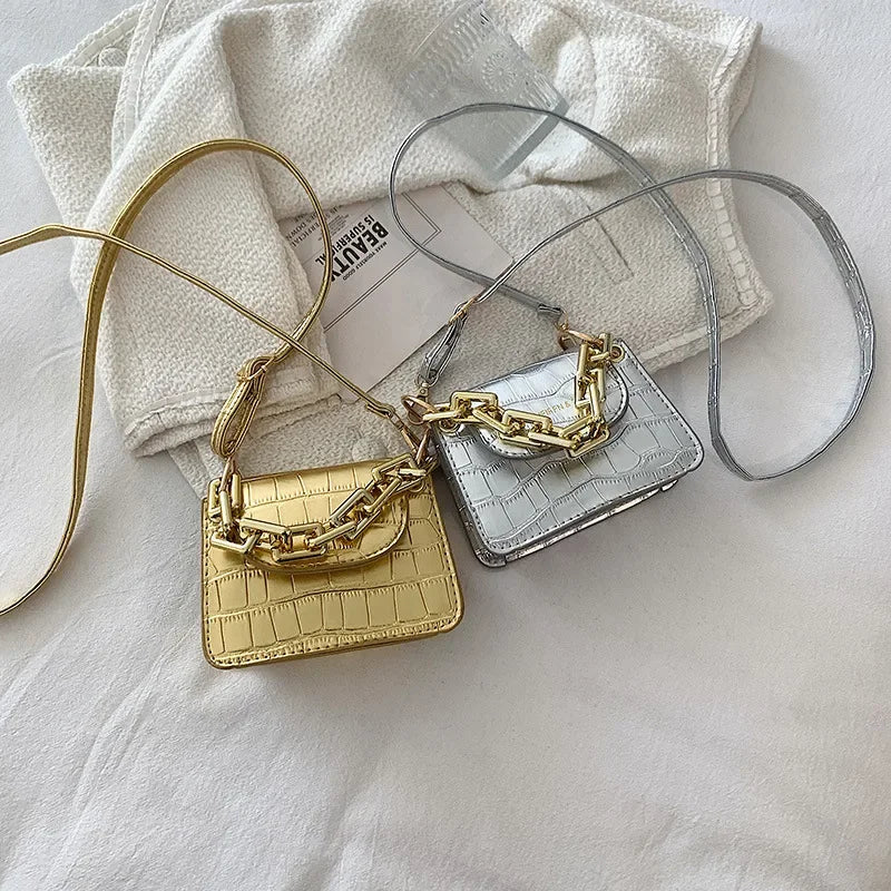 Mini-Umhängetasche aus PU-Leder für Damen – Stilvolle Gold-/Silber-Hardware, kompakte Modehandtasche