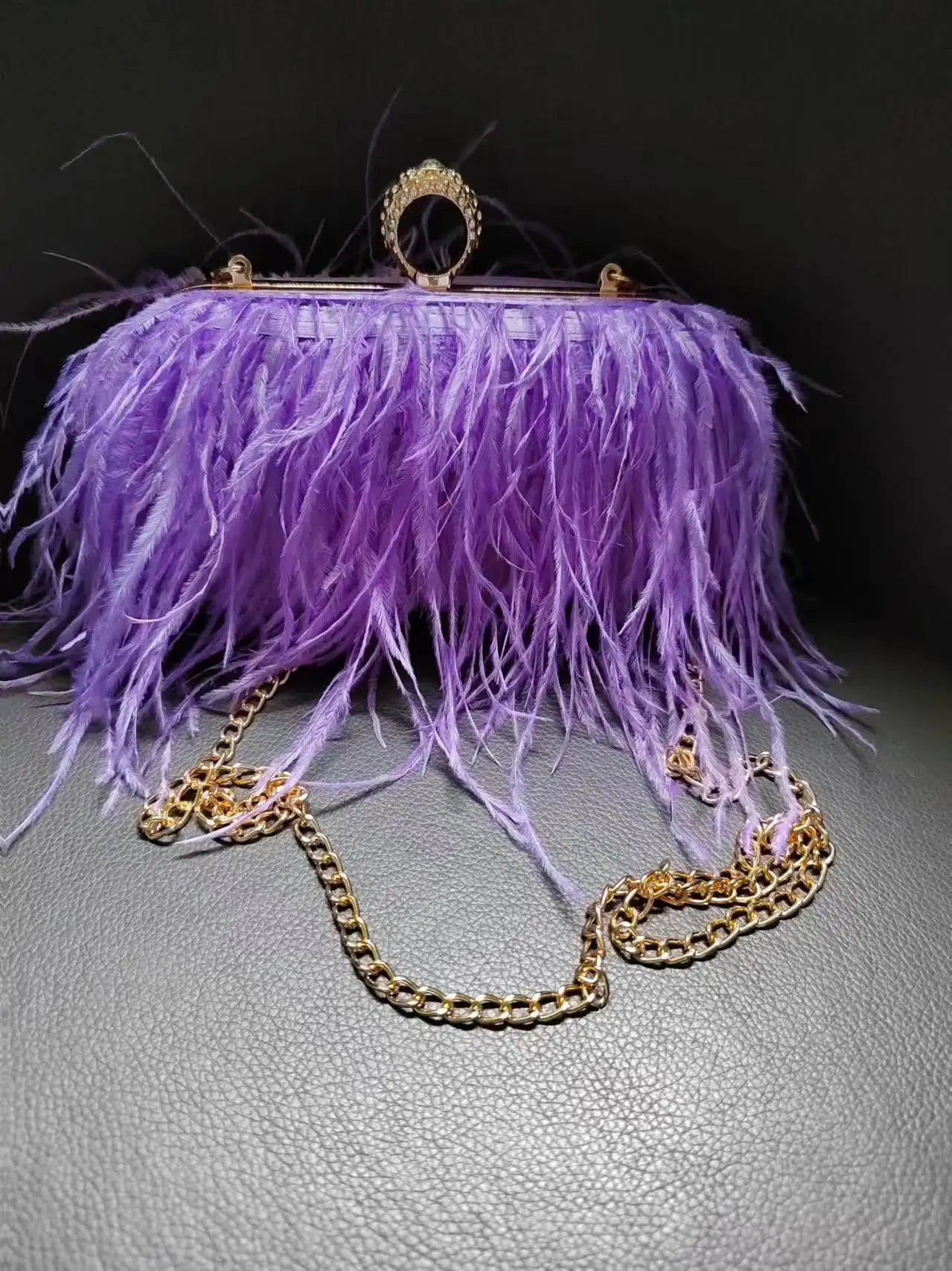 Multicolored Ostrich Feather Evening Clutch Purse with Knuckle Ring