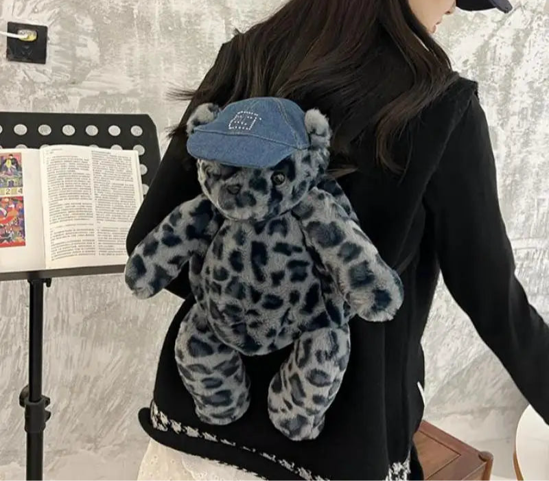 Cute Furry Teddy Bear Backpack – Leopard Print Plush Doll Shaped Bag for Women, Casual Fashion Winter Style