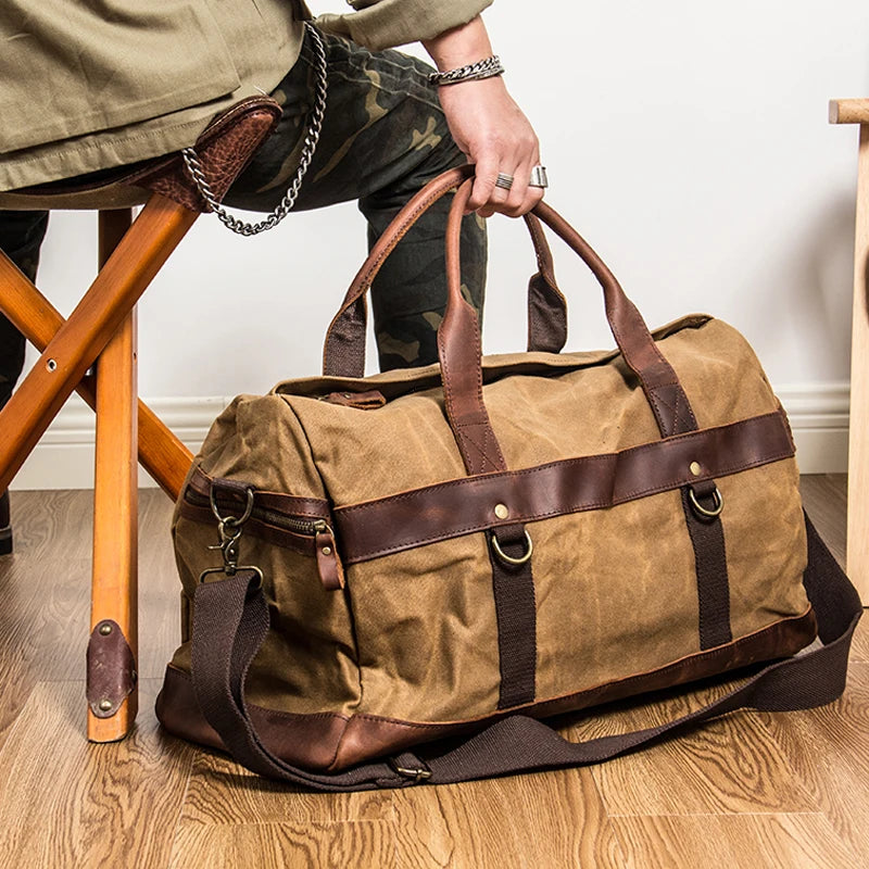 Waxed Canvas Travel Duffle Bag – Waterproof Leather Carry-On Tote for Men & Women