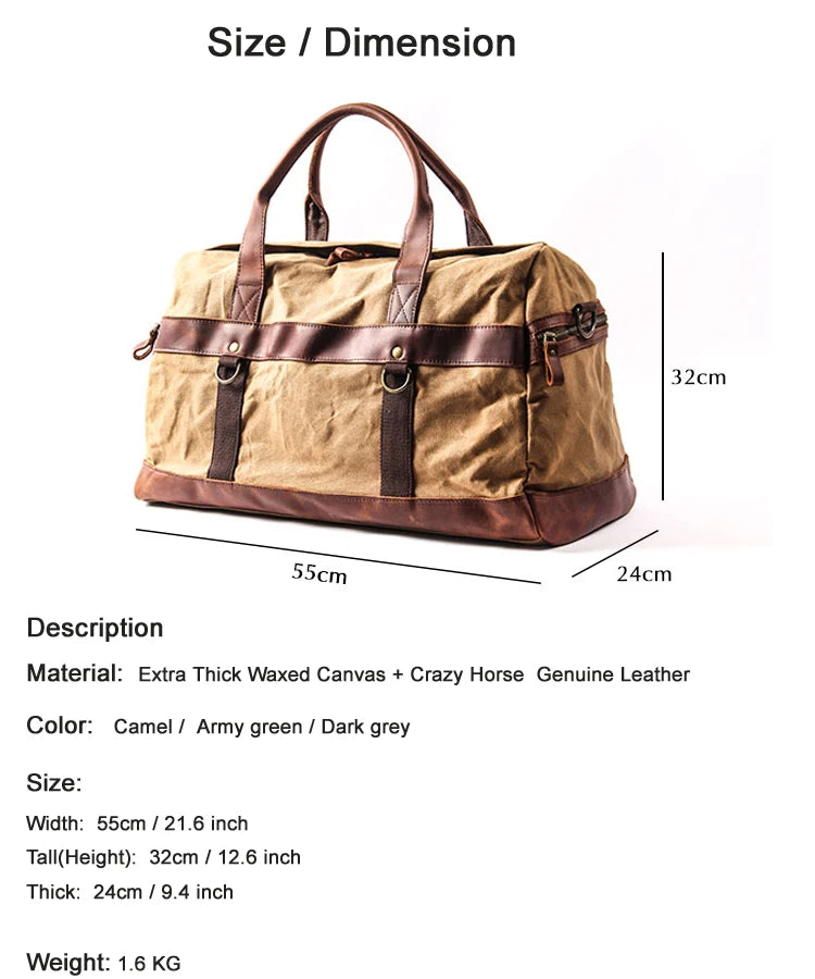 Waxed Canvas Travel Duffle Bag – Waterproof Leather Carry-On Tote for Men & Women