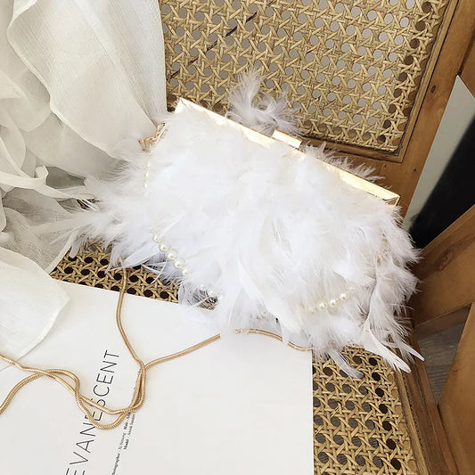 Women's Fashion Pearl Beaded Clutch Shoulder Bag with Real Turkey Feathers