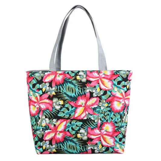 Women's Floral Printed Cotton Canvas Handbag Large Capacity Eco-friendly with Zipper