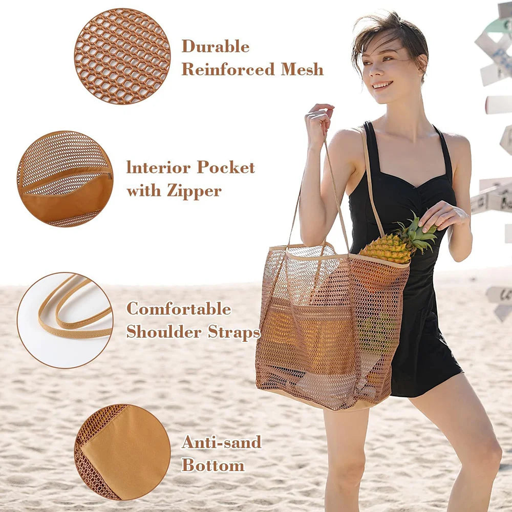 Women's Foldable Beach Tote Bag – Lightweight Nylon Mesh Shoulder Bag for Holidays, Picnics & Summer Days