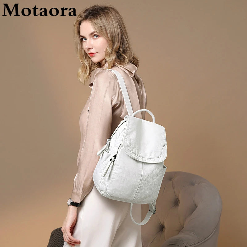 Motaora Women’s White Washed Leather Backpack – Small Casual Travel Bag & School Backpack for Girls