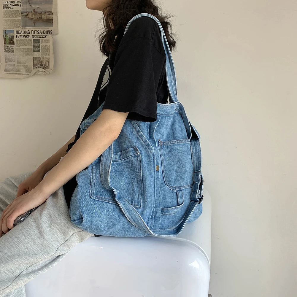 Women's Retro Shoulder Handbag – Large Capacity Vintage Crossbody Denim Tote for Travel & Daily Use