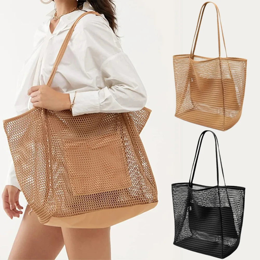 Women's Foldable Beach Tote Bag – Lightweight Nylon Mesh Shoulder Bag for Holidays, Picnics & Summer Days