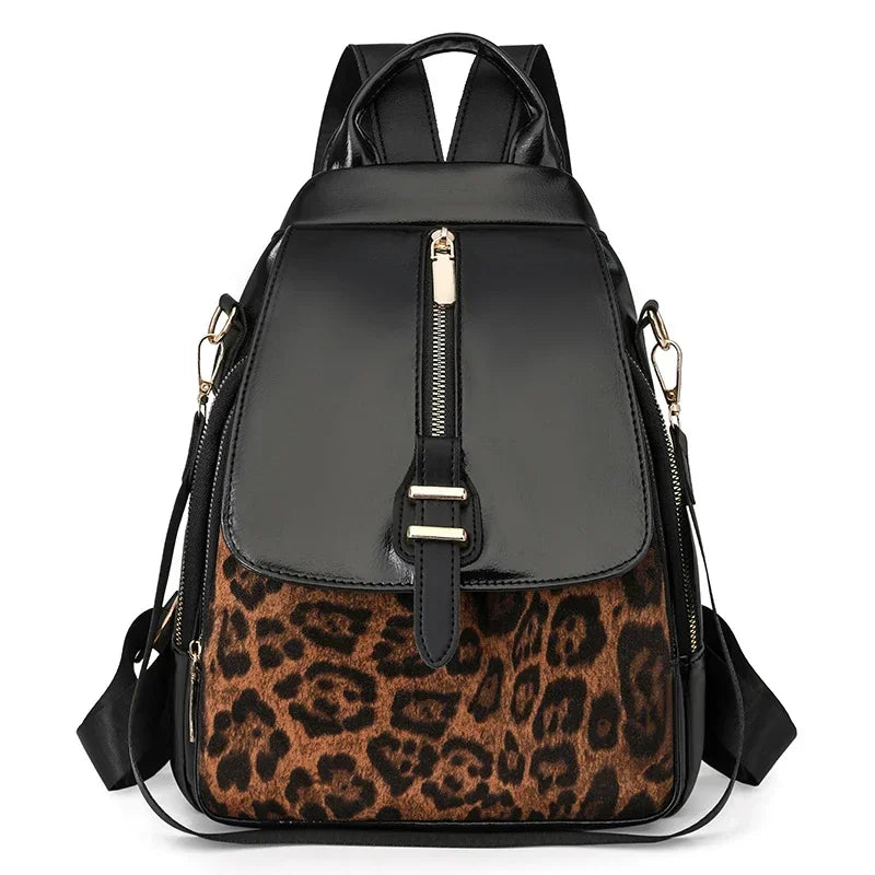 Damen-Rucksack mit Reißverschluss aus PU-Leder mit Leopardenmuster – modische Retro-Tasche für den Frühling