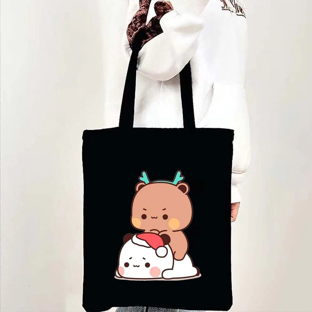 Cute Kawaii Bear Canvas Tote Bag – Bubu Dudu Love Couple Eco-Friendly Cotton Shopper for Women & Girls