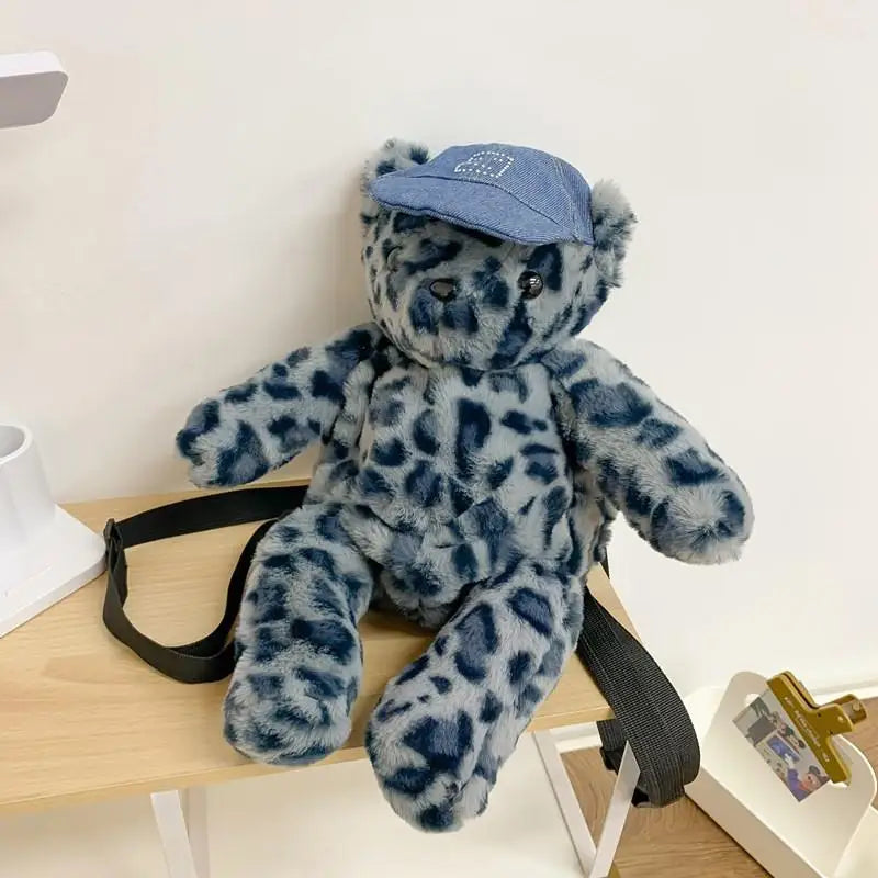 Cute Furry Teddy Bear Backpack – Leopard Print Plush Doll Shaped Bag for Women, Casual Fashion Winter Style