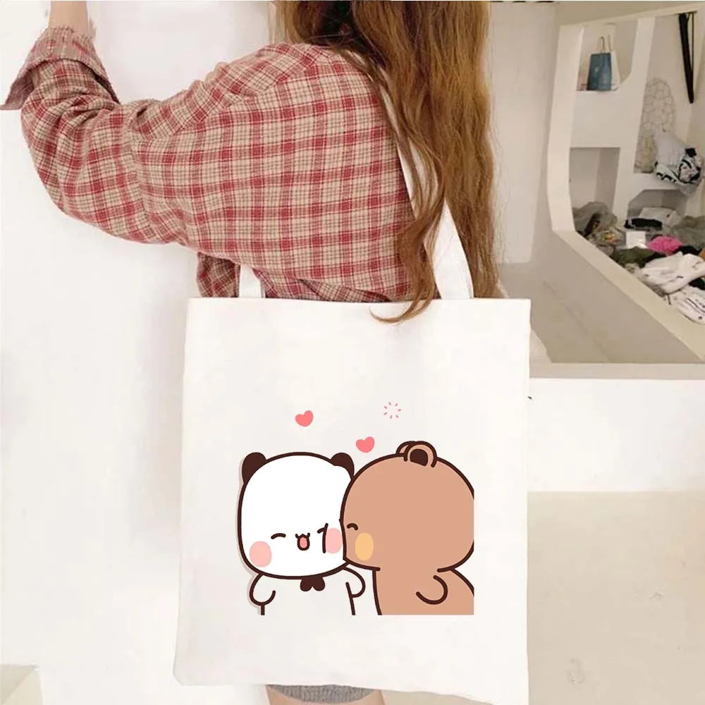 Cute Kawaii Bear Canvas Tote Bag – Bubu Dudu Love Couple Eco-Friendly Cotton Shopper for Women & Girls
