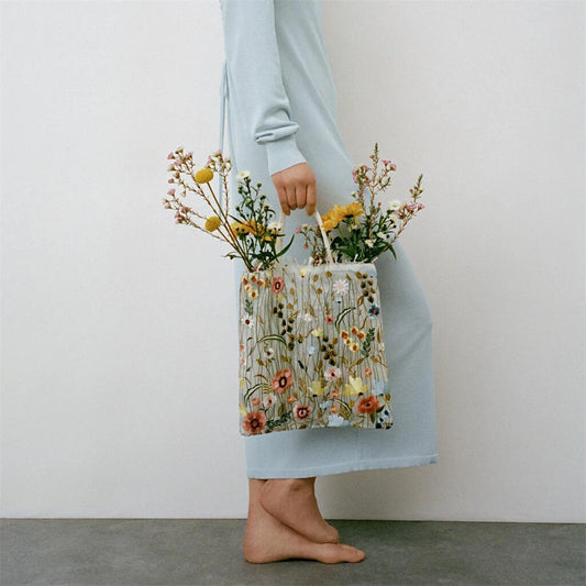 Tote Bag mit bestickter Netzblume – Transparente Sommer-Umhängetasche für Damen