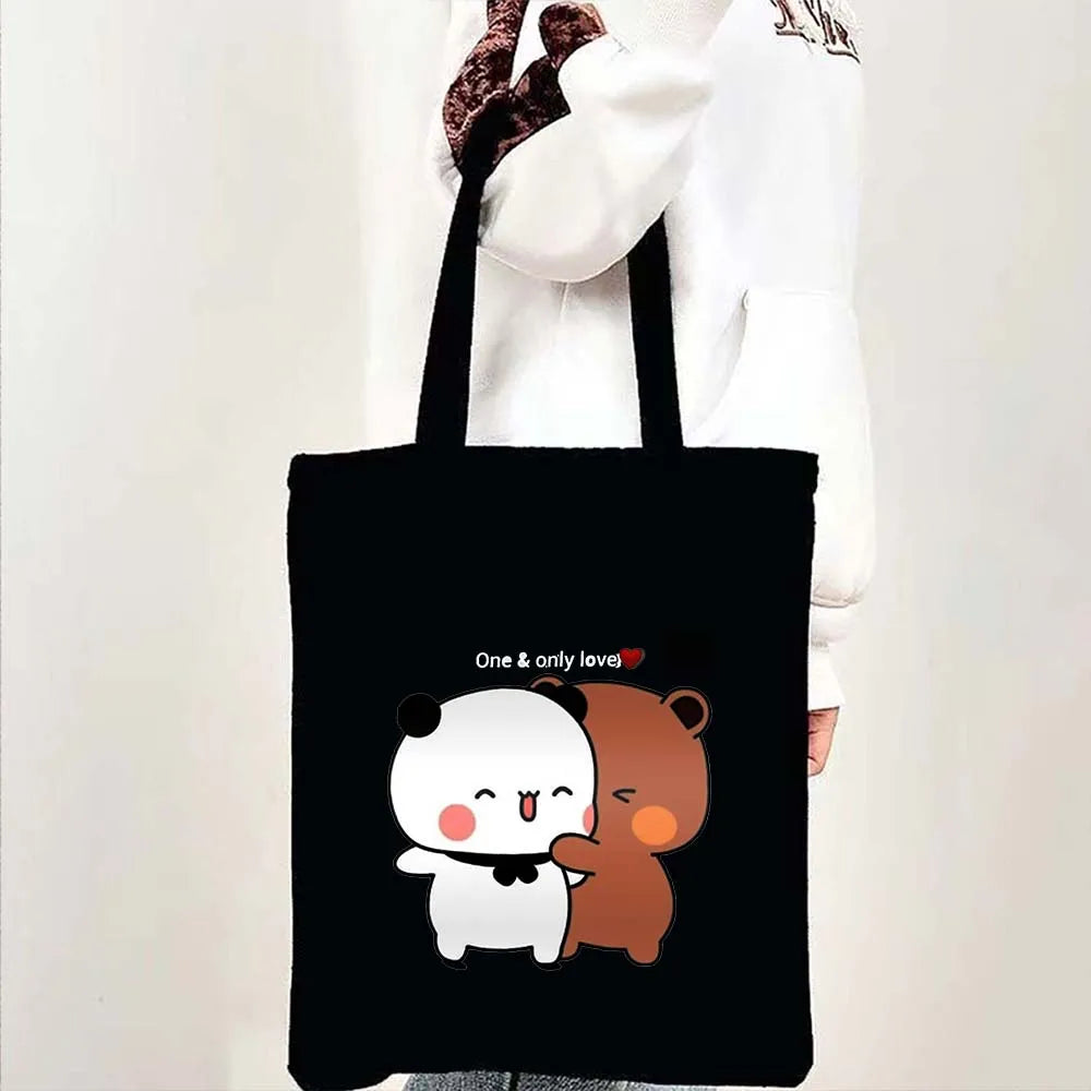 Cute Kawaii Bear Canvas Tote Bag – Bubu Dudu Love Couple Eco-Friendly Cotton Shopper for Women & Girls