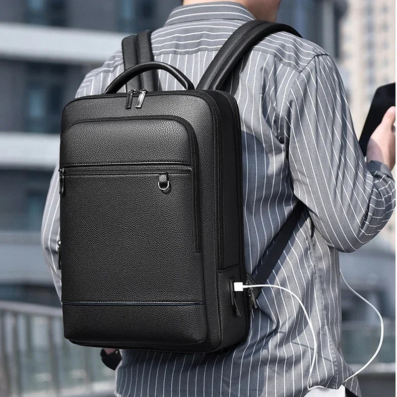 Executive PU Leather Laptop Backpack for Men – USB Charging Business Briefcase, Office & Travel Shoulder Bag