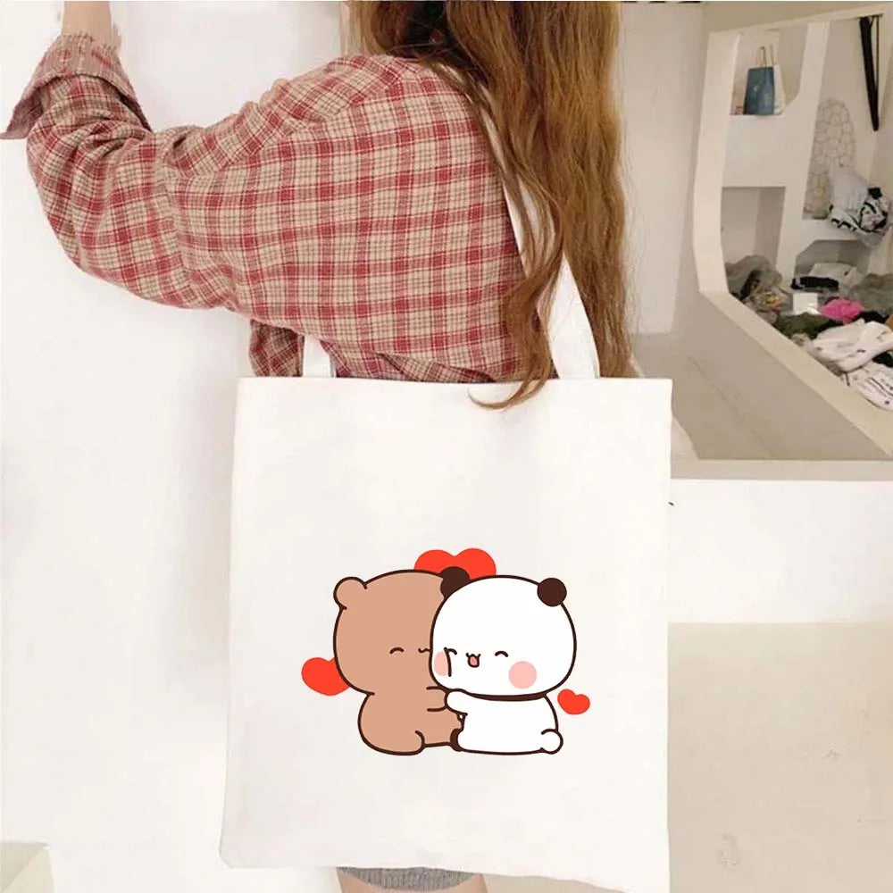 Cute Kawaii Bear Canvas Tote Bag – Bubu Dudu Love Couple Eco-Friendly Cotton Shopper for Women & Girls
