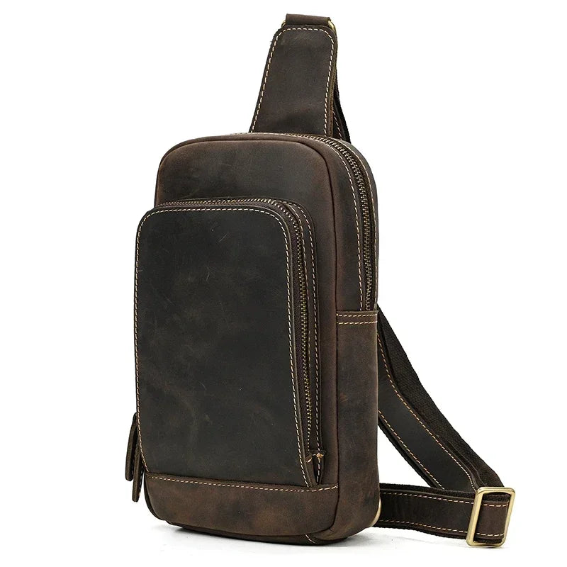 Sling Bag aus echtem Leder – Unisex Casual Brust- und Schultertasche mit Reißverschluss"