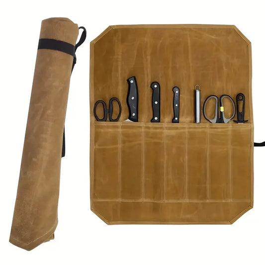 Rolltasche für Kochmesser aus gewachstem Canvas – Tragbare, wasserdichte Aufbewahrung für Küchen-, Picknick-, Camping- und Grillutensilien