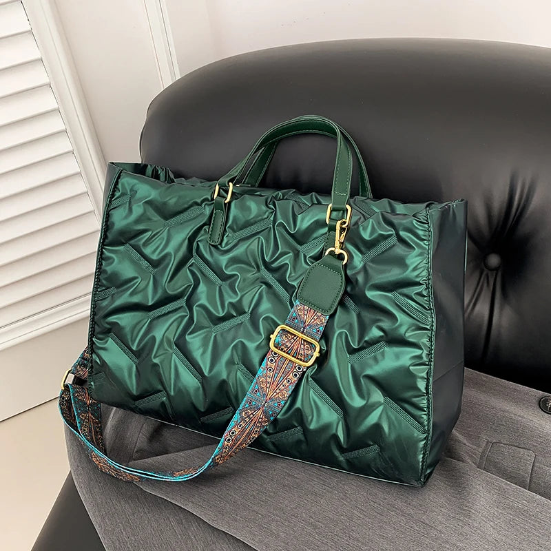 Luxury Quilted Nylon Tote Bag – Large Padded Designer Handbag for Women, Winter Shoulder & Crossbody Style