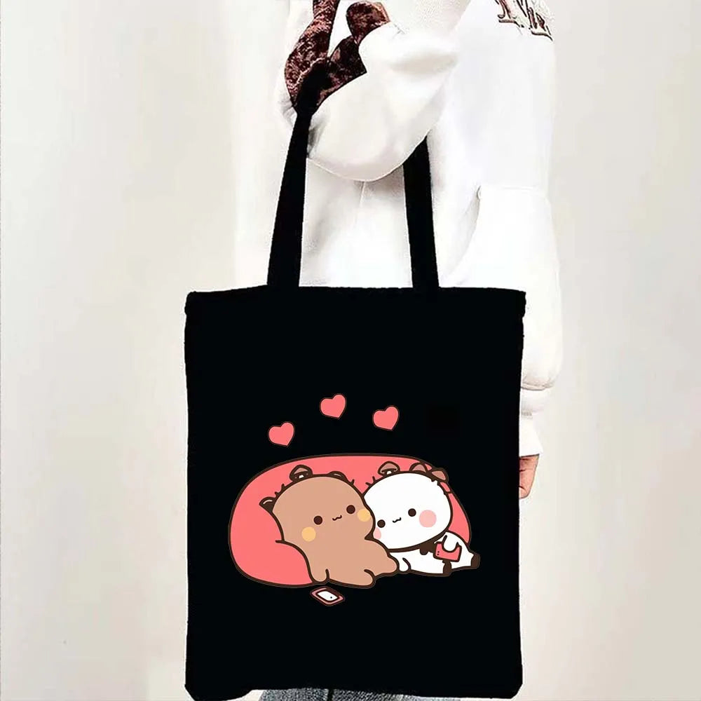 Cute Kawaii Bear Canvas Tote Bag – Bubu Dudu Love Couple Eco-Friendly Cotton Shopper for Women & Girls