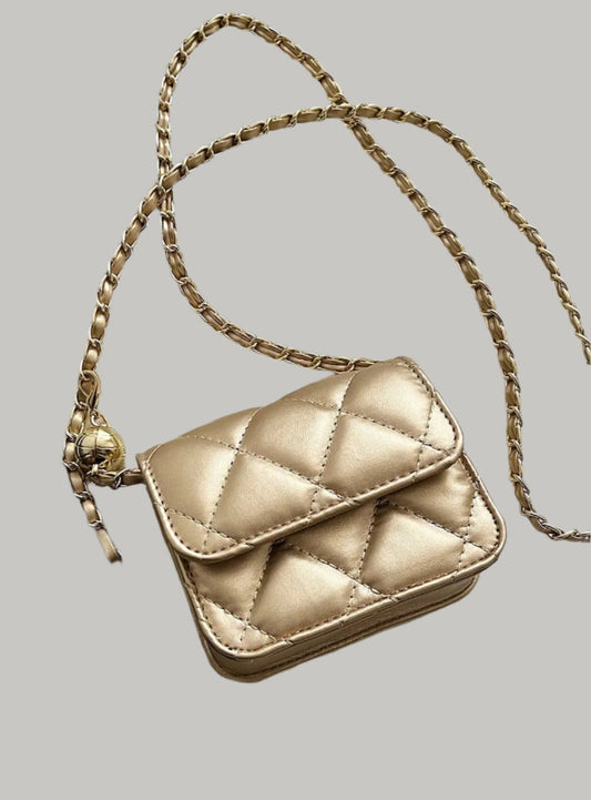 Schulter-Crossbody-Minitasche für Damen mit goldenem Kugelkettenriemen, vielseitige Textur, PU-Leder