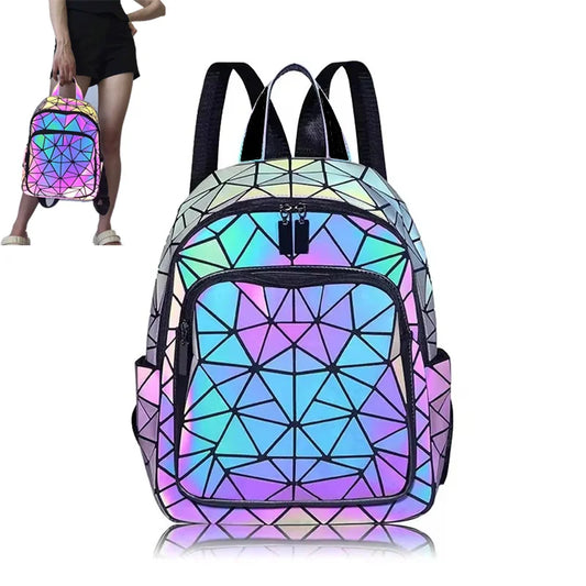 Leuchtender geometrischer Rucksack für Damen – holografische PVC-Schultasche für Teenager und Reisen