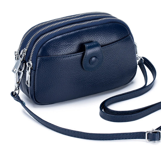 Blue Navy Genuine Leather Women's Fashion Shoulder Bag Mini Crossbody with Three Zipper